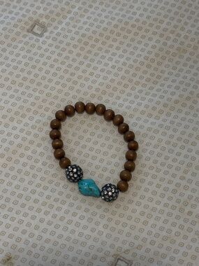 Wood Bead Stretch Bracelet with Turquoise Accent